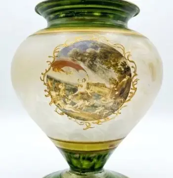 Vintage Arte Murano Italian Glass Vase - Renaissance Painted Medallion & Gold Trim